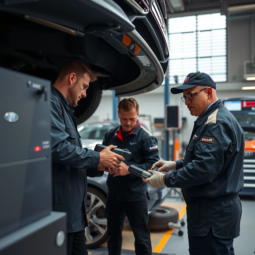 Equipo profesional de EscribeYst realizando inspección detallada de vehículo en taller moderno con herramientas de diagnóstico avanzadas, ambiente profesional con iluminación técnica