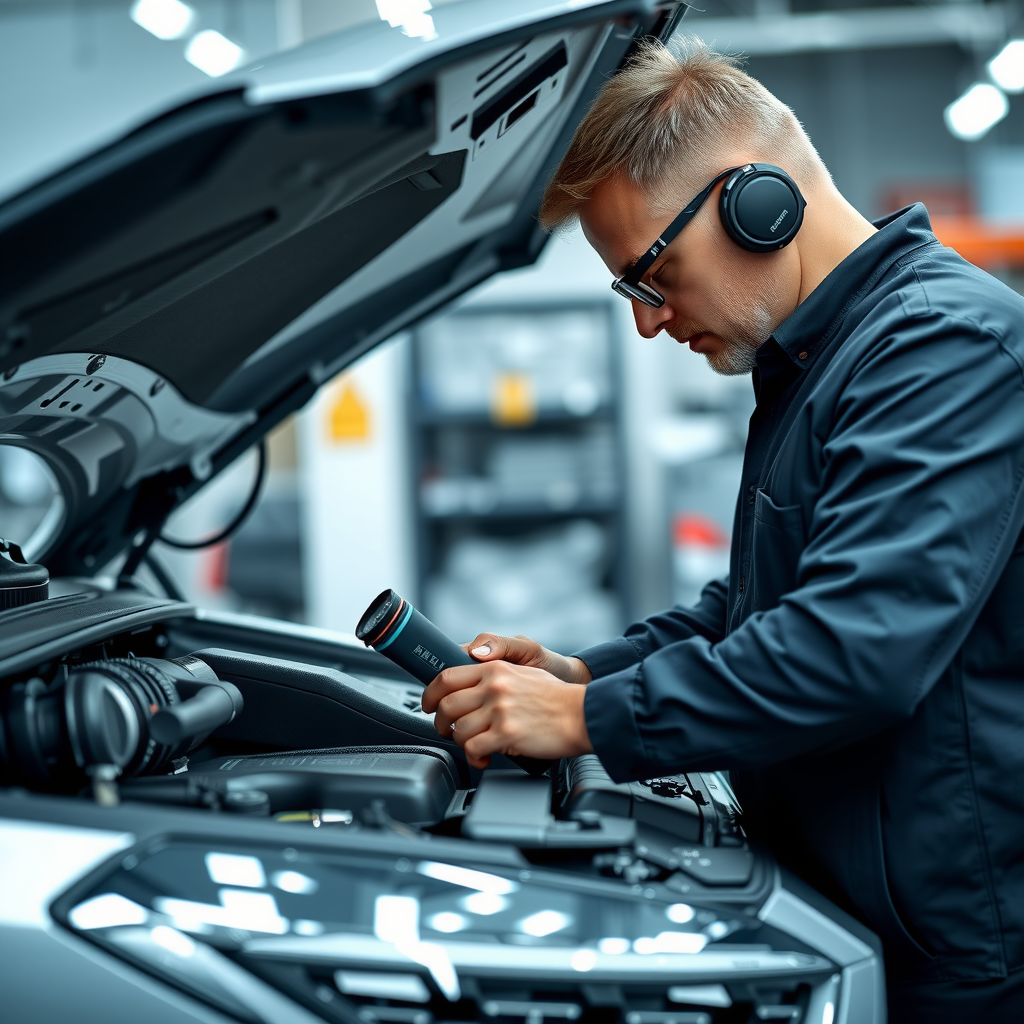 Inspección profesional de vehículos en Argentina - Técnico especializado realizando revisión detallada de motor y componentes mecánicos de automóvil en taller moderno con herramientas profesionales