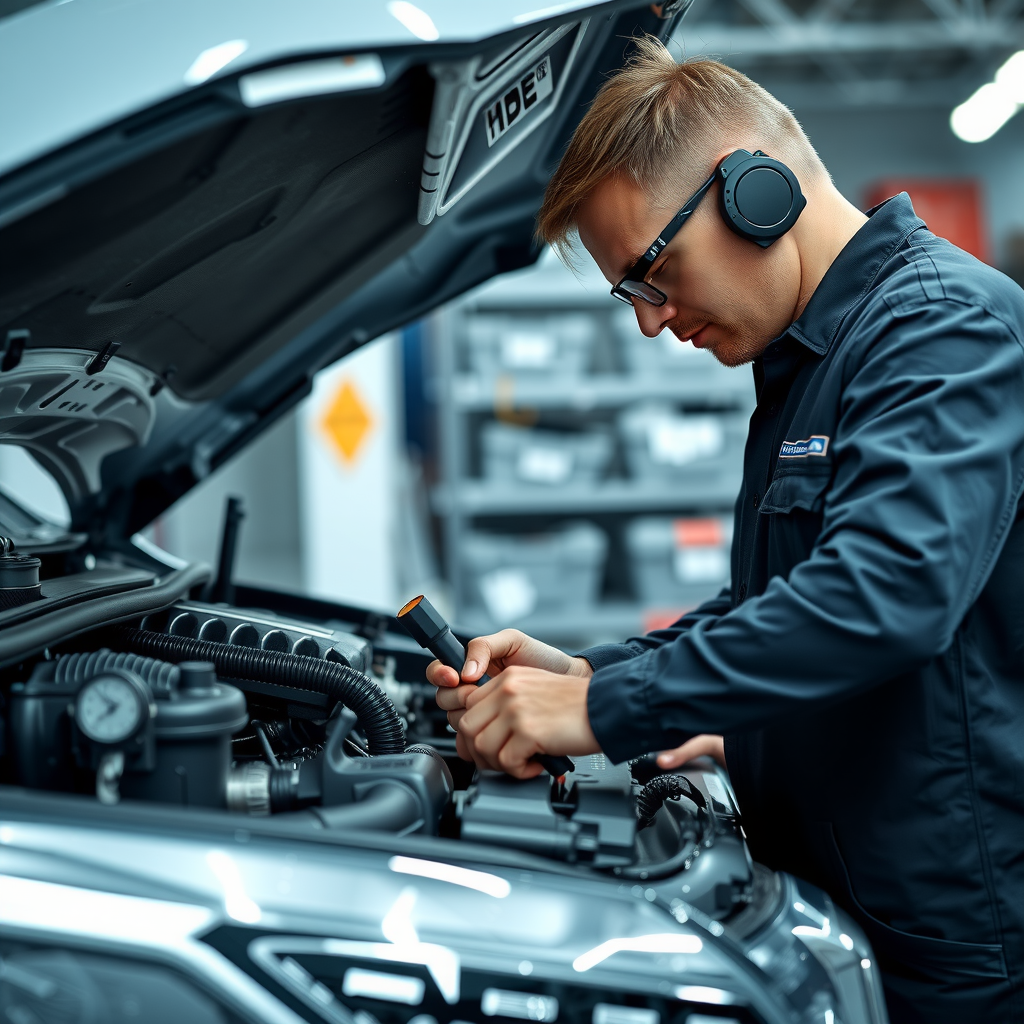 Mecánico profesional realizando inspección exhaustiva de motor de automóvil en taller moderno, verificando componentes mecánicos, transmisión y sistemas eléctricos con herramientas de diagnóstico avanzadas