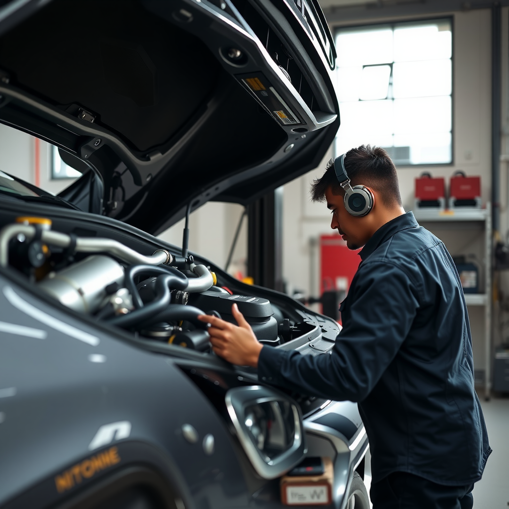 Mecánico profesional realizando inspección detallada pre-compra en un automóvil moderno en un taller automotriz argentino bien iluminado con equipo de diagnóstico