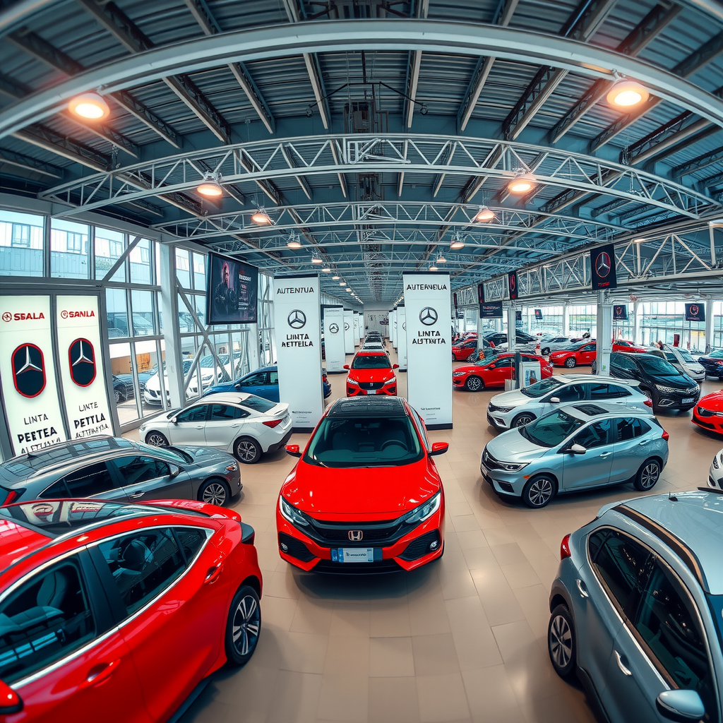 Vista panorámica del mercado automotriz argentino mostrando concesionarios modernos con vehículos nuevos en exhibición, ambiente profesional y dinámico