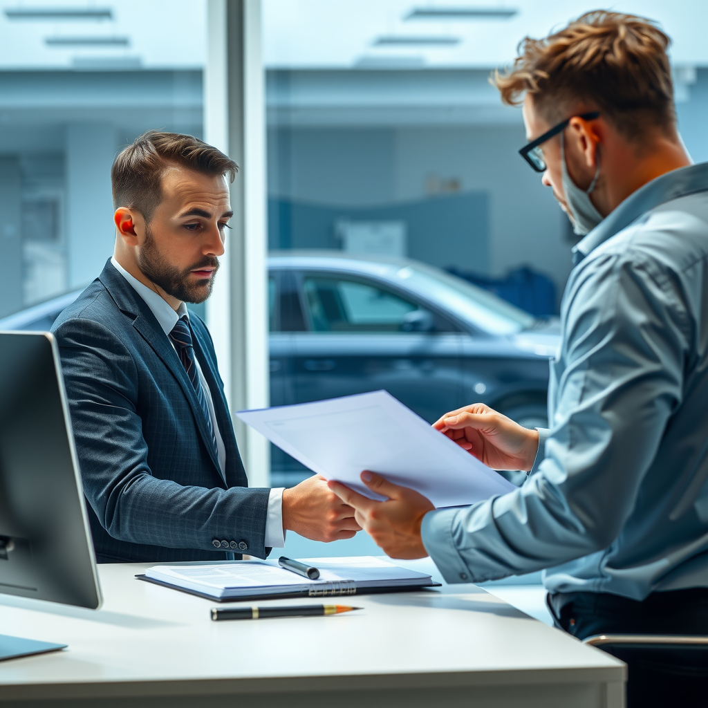 Consultor automotriz profesional revisando documentación de vehículo con cliente en oficina moderna con automóvil visible a través de la ventana