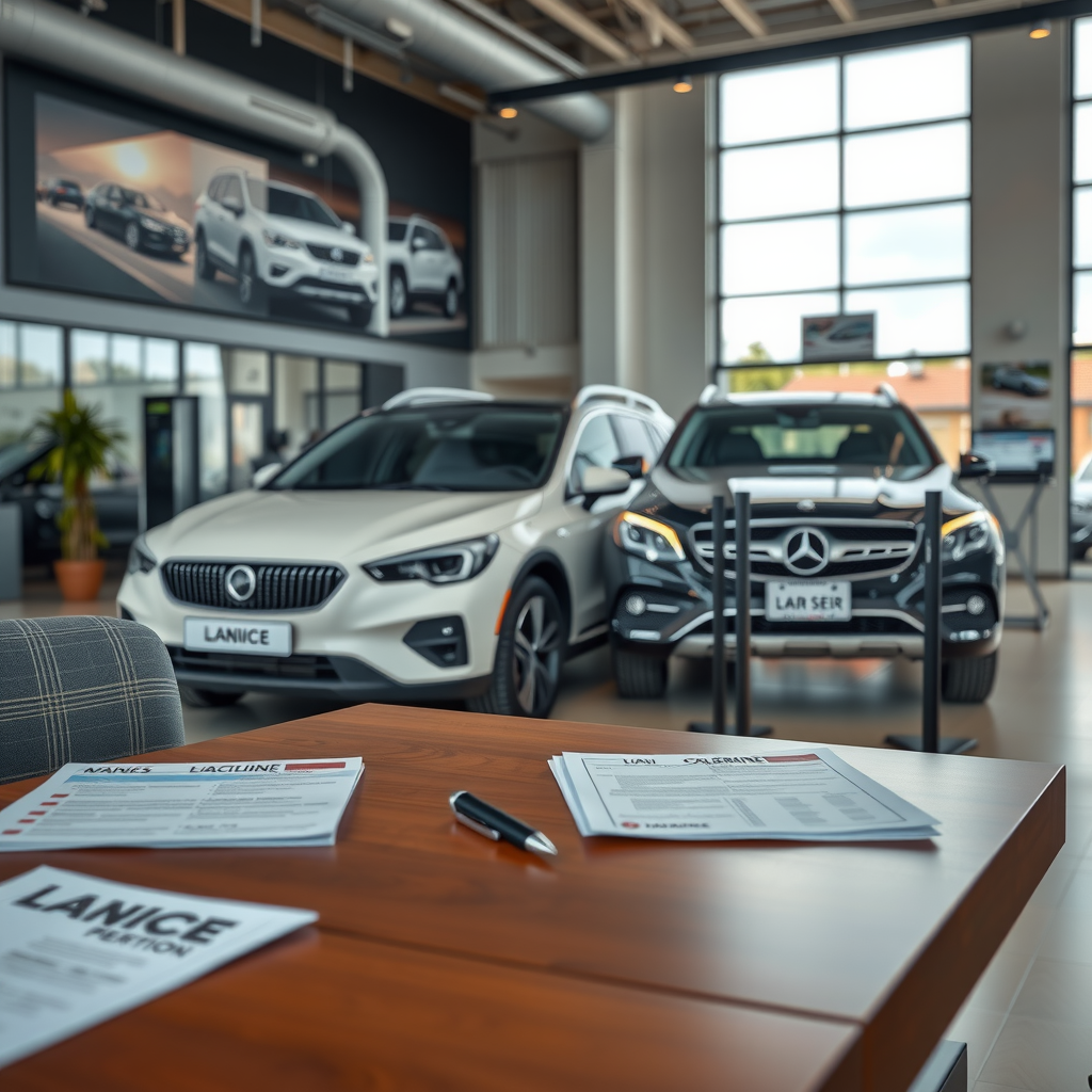 Oficina profesional de concesionario de autos en Argentina con documentos y papeleo sobre el escritorio, interior moderno, iluminación profesional