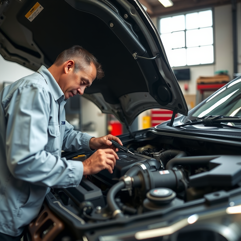 Inspector profesional realizando una inspección exhaustiva del motor de un vehículo usado, verificando componentes mecánicos con herramientas especializadas en un taller bien iluminado