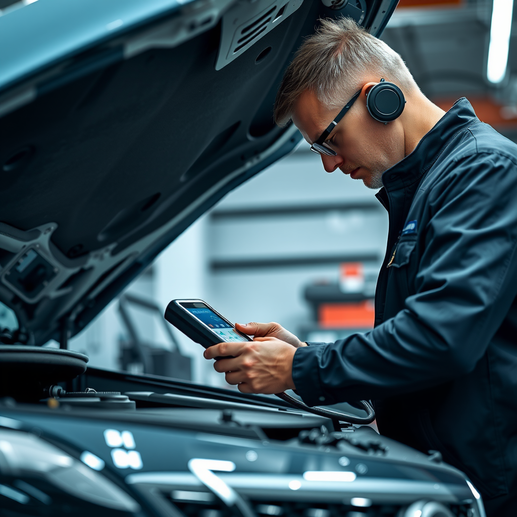 Inspector profesional realizando inspección mecánica detallada bajo el capó de un vehículo, utilizando herramientas de diagnóstico electrónico, ambiente de taller profesional con iluminación técnica