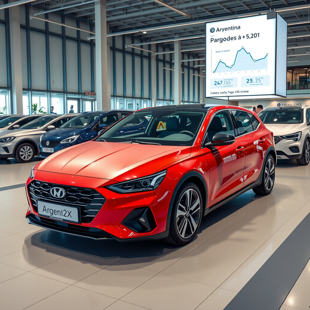 Concesionario moderno en Argentina mostrando variedad de vehículos populares, gráficos de tendencias de precios y análisis de mercado automotriz con datos de disponibilidad regional y preferencias de compradores