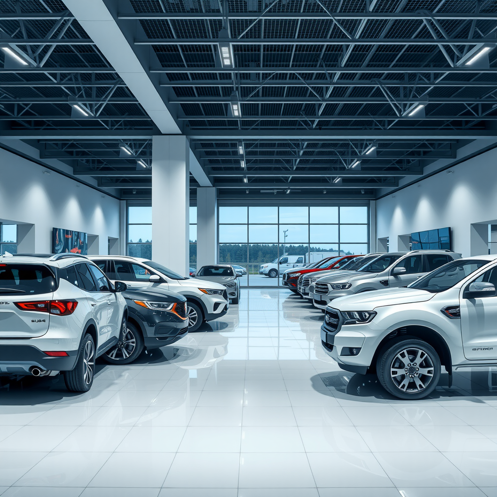 Interior de showroom automotriz moderno mostrando SUV compactos y pick-ups medianas en exhibición con iluminación profesional y ambiente premium