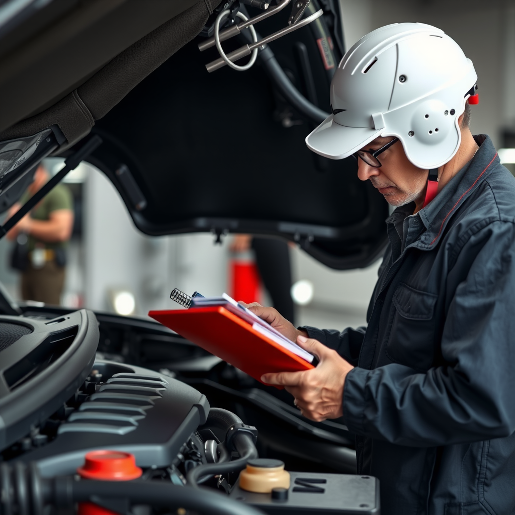 Consultor automotriz inspeccionando compartimento del motor del vehículo con herramientas de diagnóstico y lista de verificación en mano