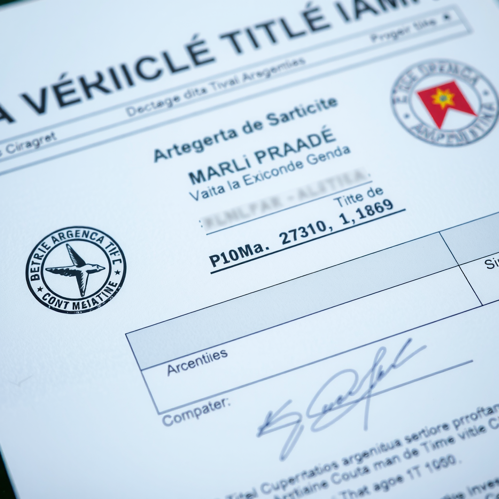 Primer plano de documento de título de vehículo argentino con sellos oficiales y firmas, fotografía profesional, vista detallada del papeleo legal