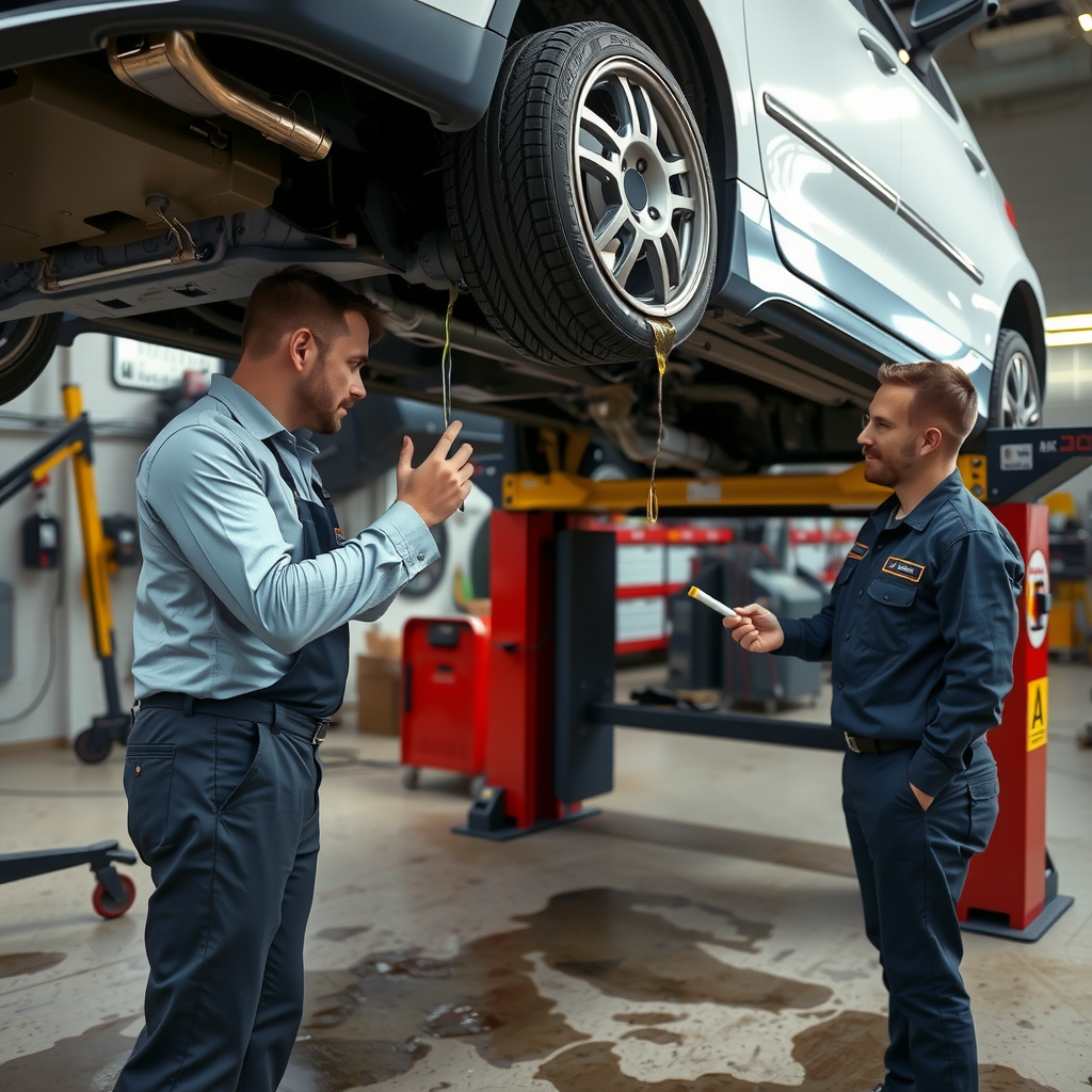 Técnico automotriz profesional identificando y señalando pérdidas de aceite y otros fluidos debajo de un automóvil elevado en una rampa de inspección, con charcos y manchas visibles en el suelo del taller