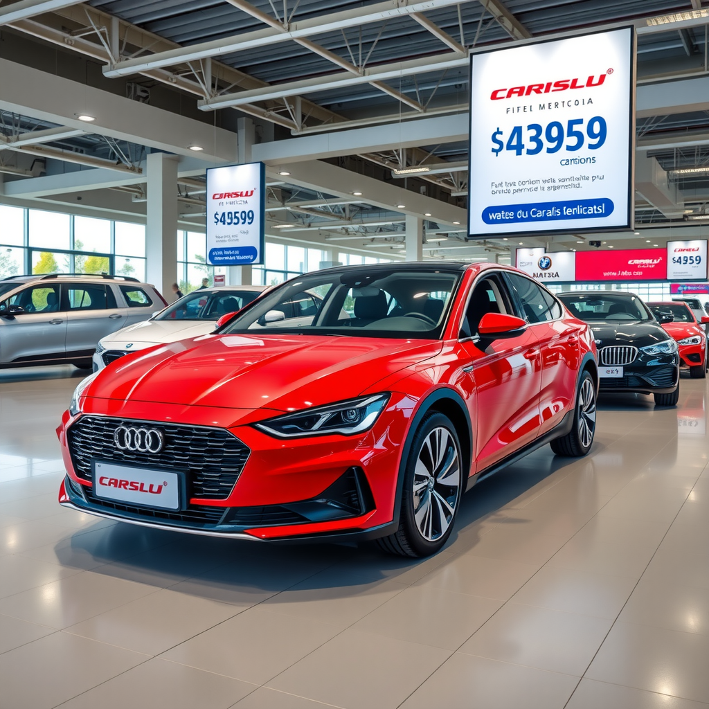 Concesionario de automóviles moderno en Argentina mostrando diversos modelos de vehículos populares con etiquetas de precios y características destacadas