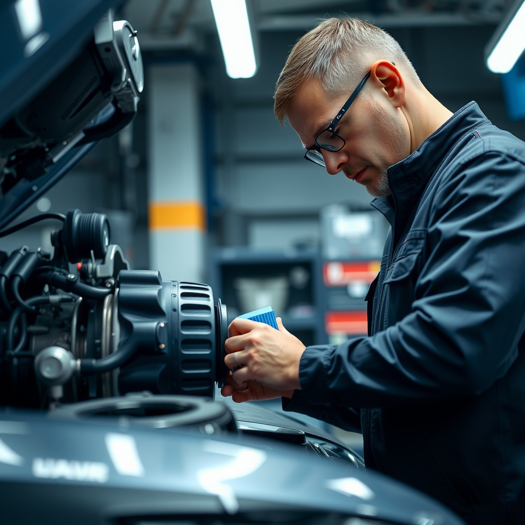 Técnico automotriz inspeccionando sistema de transmisión y verificando niveles de fluido en entorno de garaje profesional en Buenos Aires, Argentina