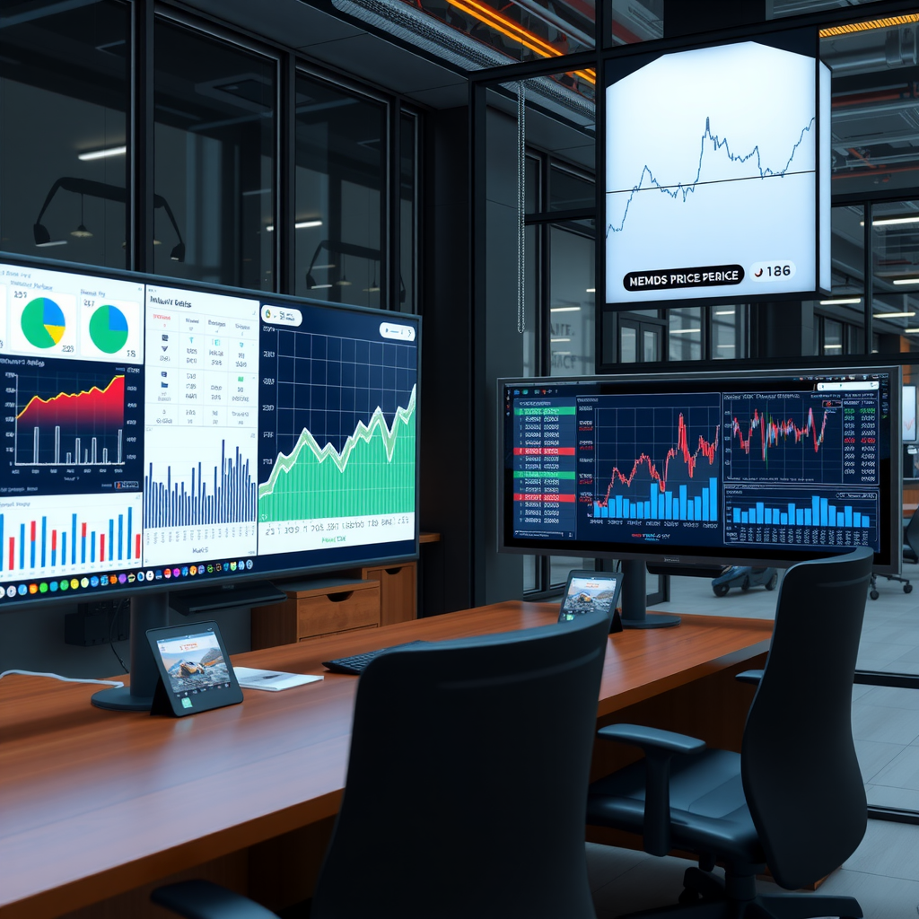 Oficina moderna con pantallas digitales mostrando gráficos de análisis de precios automotrices, datos de mercado y tendencias de valorización vehicular