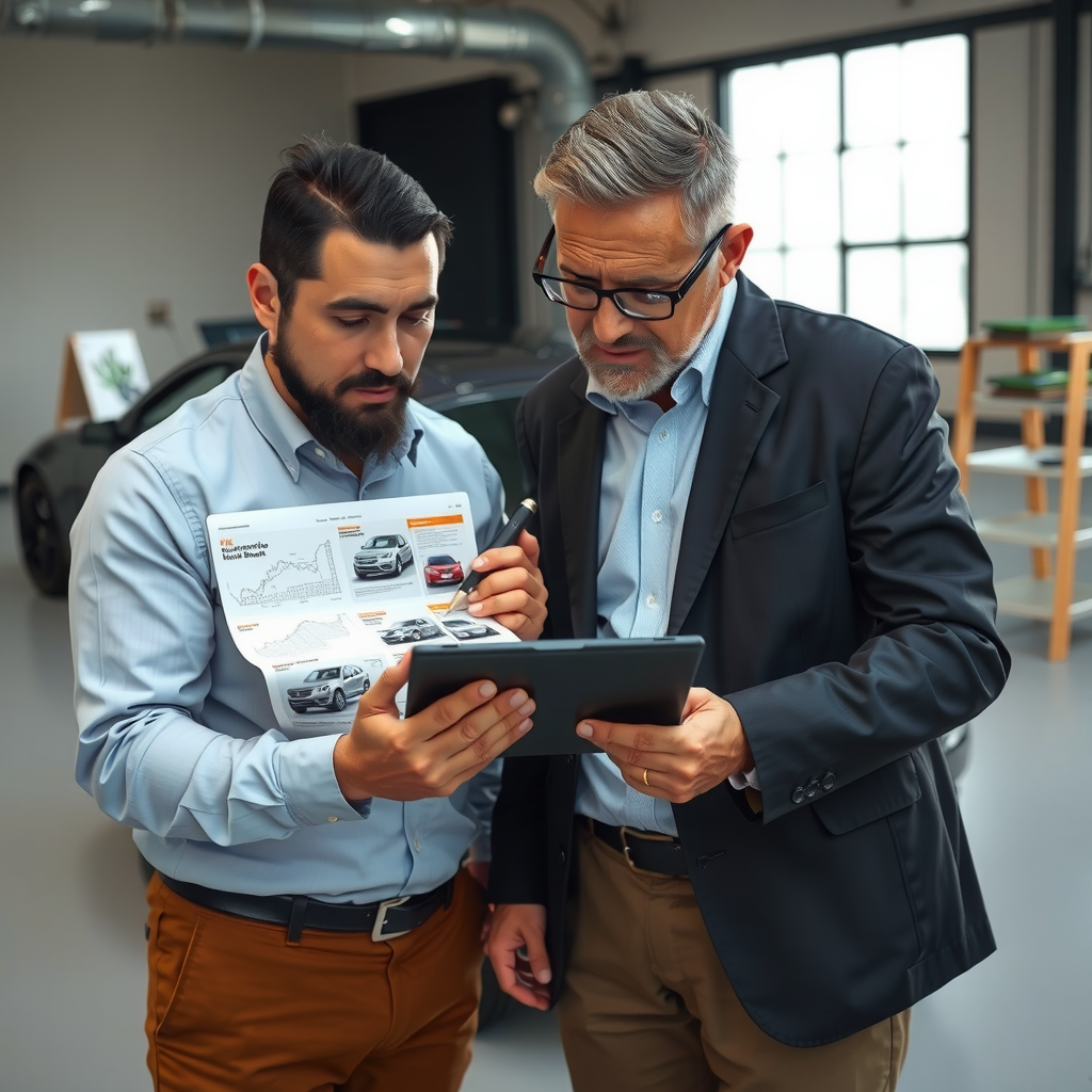 Consultor y cliente revisando informe detallado de inspección de vehículo con gráficos y fotografías en tablet