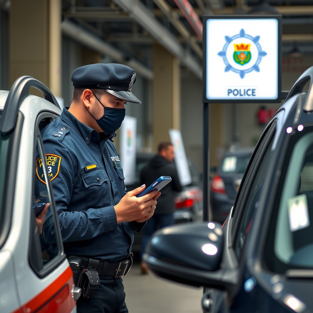 Estación de verificación policial en Argentina con inspector revisando números de identificación del vehículo, instalación profesional de inspección automotriz