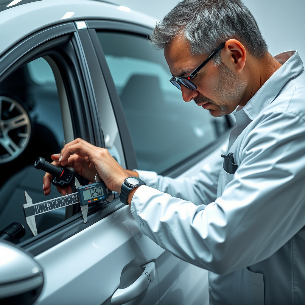 Experto en inspección automotriz utilizando un calibrador digital de precisión para medir los espacios entre paneles de carrocería y puertas, detectando posibles irregularidades en la alineación que indican reparaciones previas por accidente