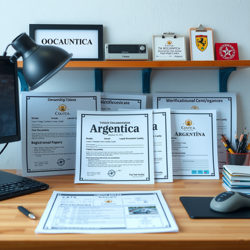 Escritorio con documentación legal de vehículos en Argentina, incluyendo títulos de propiedad, certificados de verificación, formularios de transferencia, documentos de impuestos y papeles de registro organizados profesionalmente