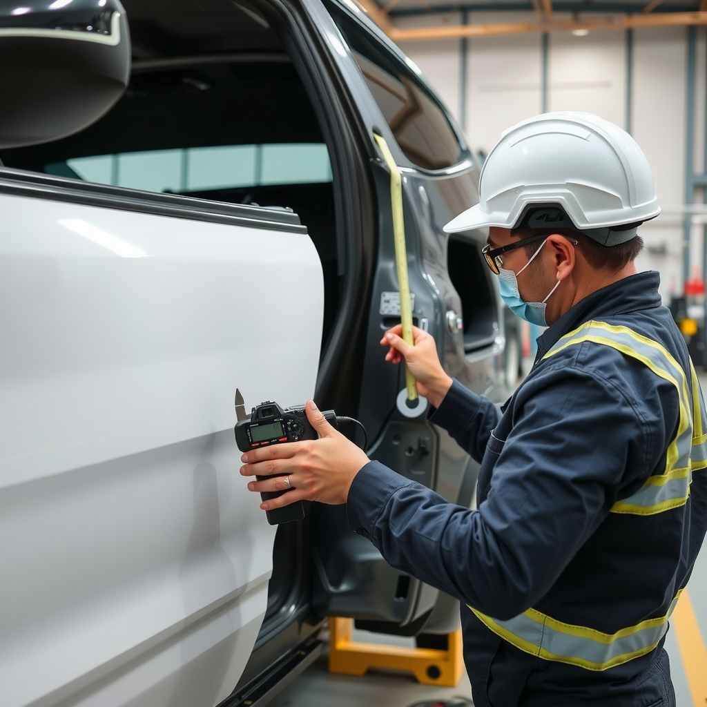 Inspector profesional examinando paneles de carrocería, condición de pintura e integridad estructural con herramientas de medición en centro de inspección argentino