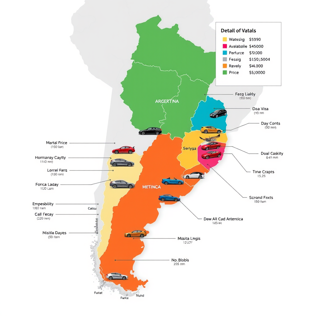 Mapa detallado de Argentina mostrando distribución de mercados automotrices regionales con indicadores de disponibilidad, precios y preferencias por provincia