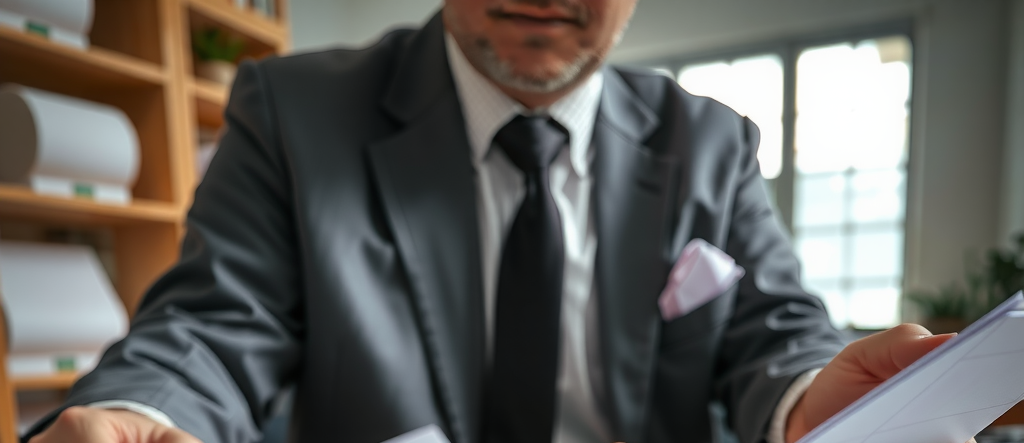 Consultor profesional manejando papeleo y documentación con sellos oficiales y documentos legales distribuidos sobre escritorio