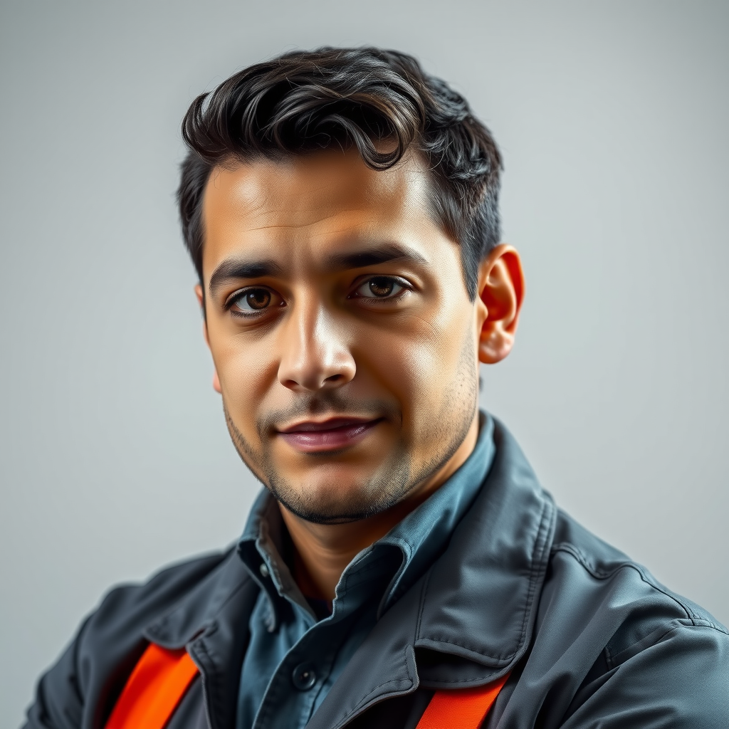 Retrato profesional de Diego Sánchez, técnico especialista en sistemas electrónicos automotrices, fondo neutro profesional