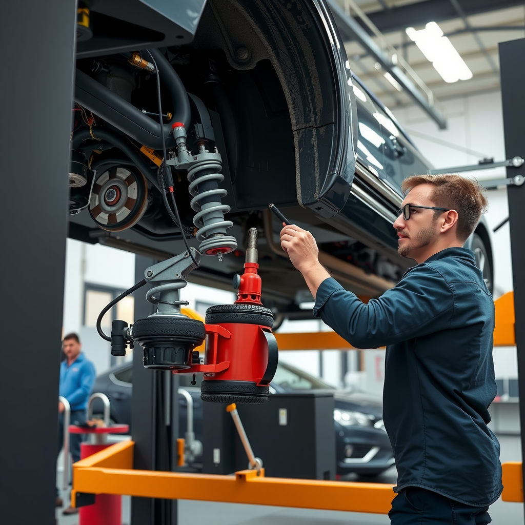 Mecánico inspeccionando sistema de suspensión, componentes de dirección y alineación de ruedas en elevador hidráulico en taller argentino moderno