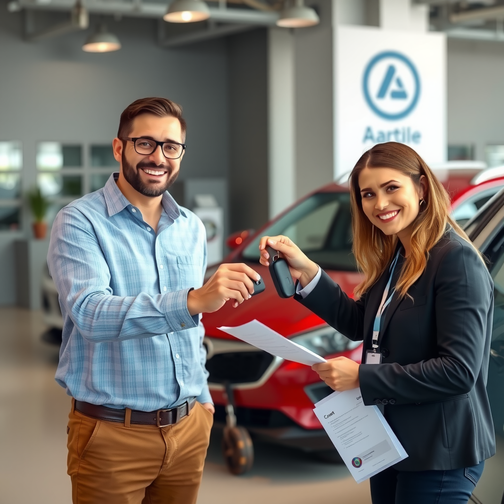 Cliente feliz recibiendo llaves del automóvil de consultor con papeleo completado y vehículo nuevo en el fondo