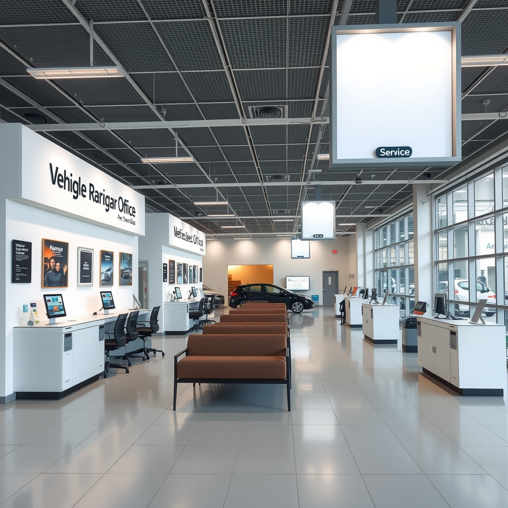 Interior moderno de oficina de registro de vehículos argentina con mostradores de servicio y área de espera, instalación gubernamental profesional, espacio administrativo limpio