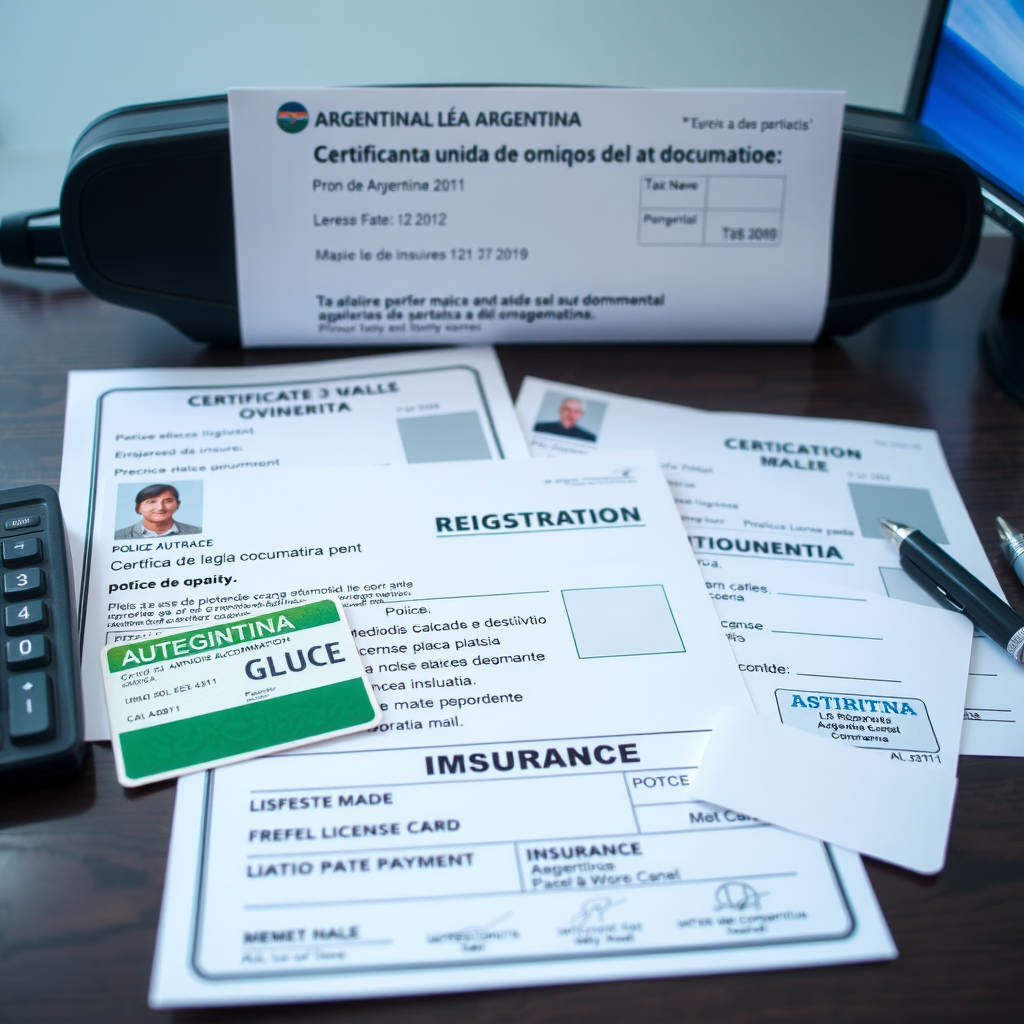 Conjunto completo de documentación legal automotriz argentina incluyendo título de propiedad, cédula verde, verificación policial, comprobantes de pago de patente y seguro, dispuestos ordenadamente sobre un escritorio profesional para revisión exhaustiva