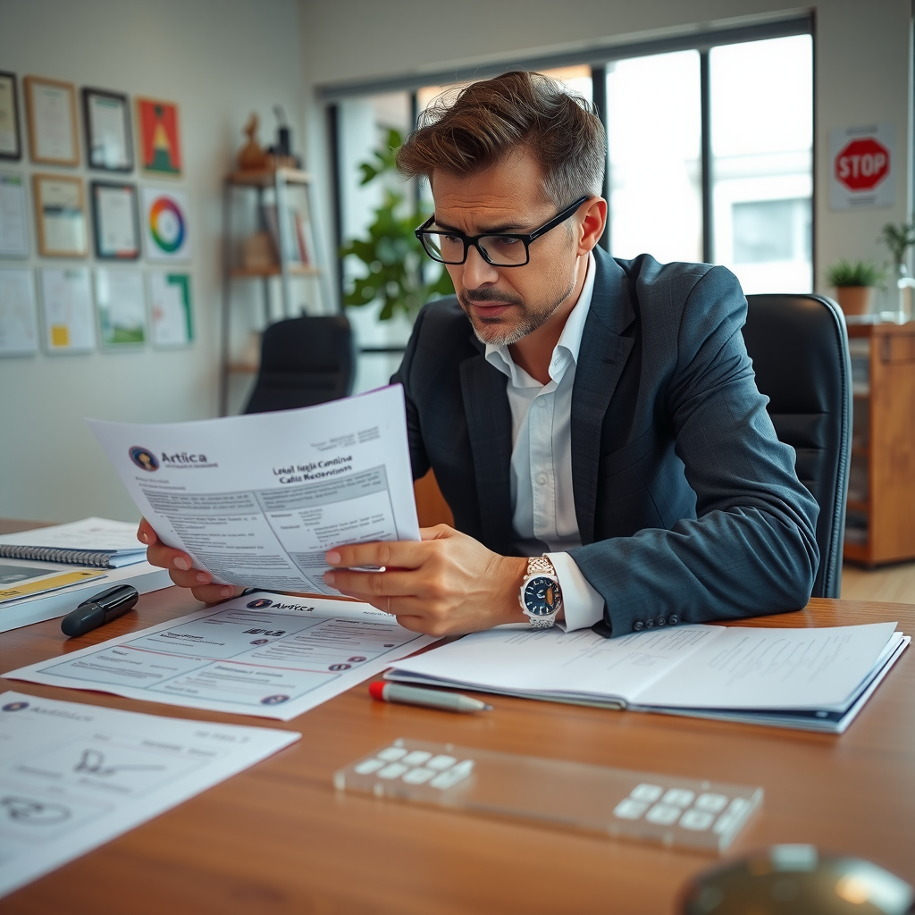 Profesional revisando documentación vehicular, título, registro y papeles legales en escritorio en oficina automotriz argentina con sellos oficiales