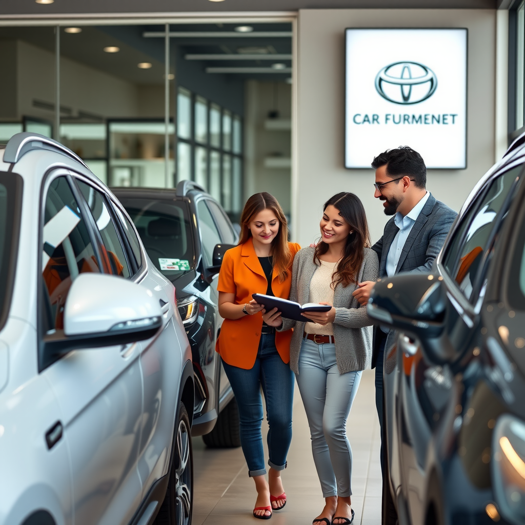 Familia argentina moderna en concesionario evaluando diferentes modelos de vehículos, asesor profesional mostrando características, ambiente acogedor y profesional