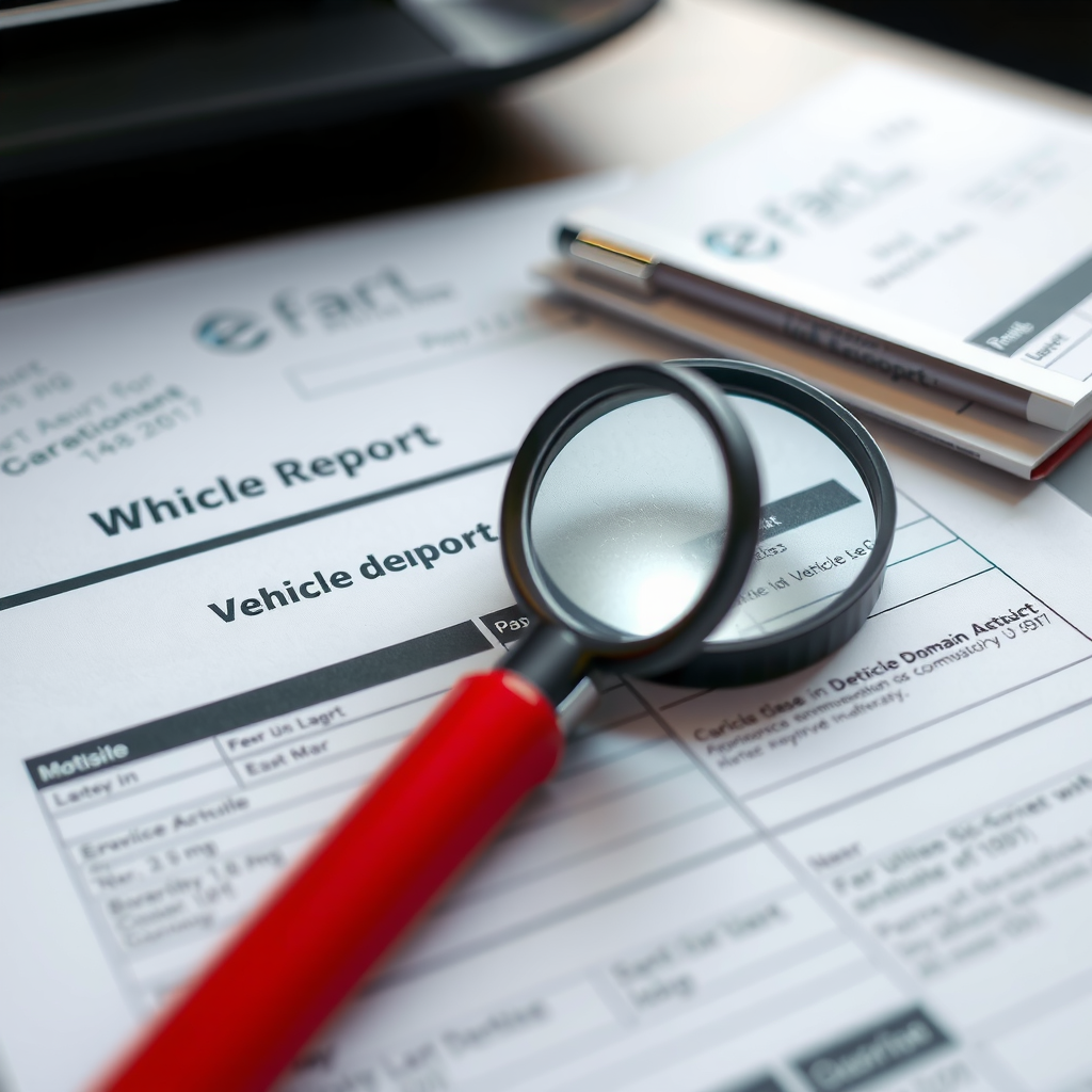Documento detallado de informe de dominio de vehículo en escritorio con lupa, documentación legal profesional, vista cercana de papeleo oficial