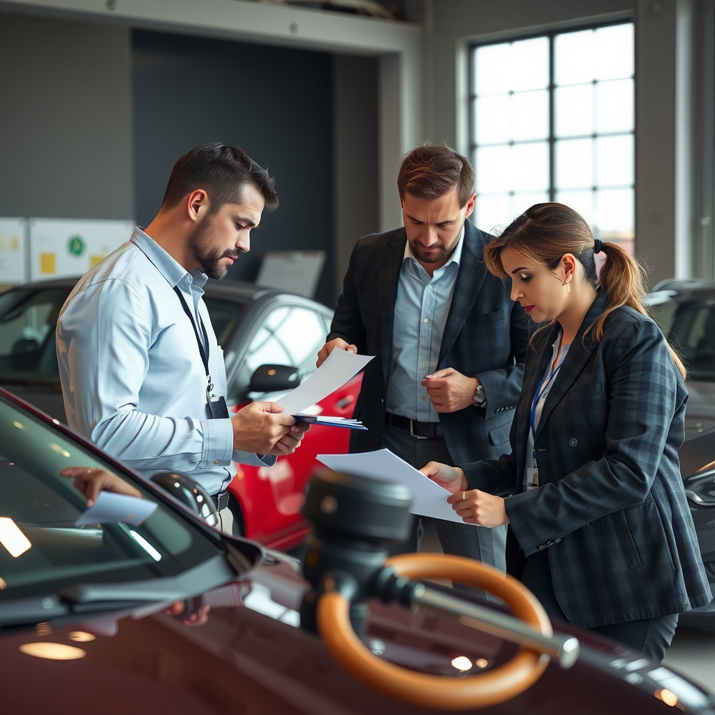 Escena profesional de cierre de transacción automotriz con comprador y vendedor firmando contrato de compraventa mientras un inspector certificado revisa la documentación final y verifica todos los aspectos legales y técnicos del vehículo
