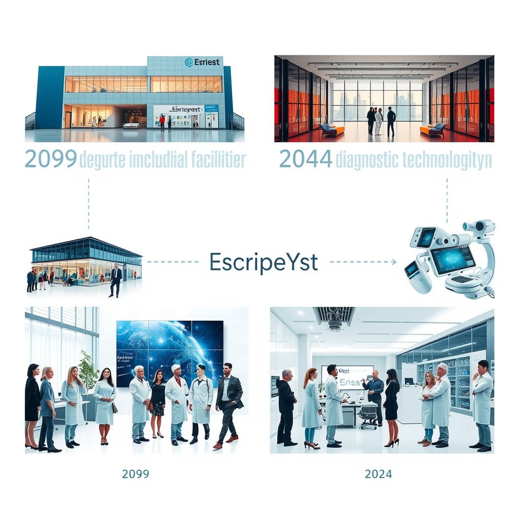 Collage histórico mostrando la evolución de EscribeYst desde 2009 hasta 2024, incluyendo instalaciones, equipo de trabajo y tecnología de diagnóstico, diseño vertical cronológico