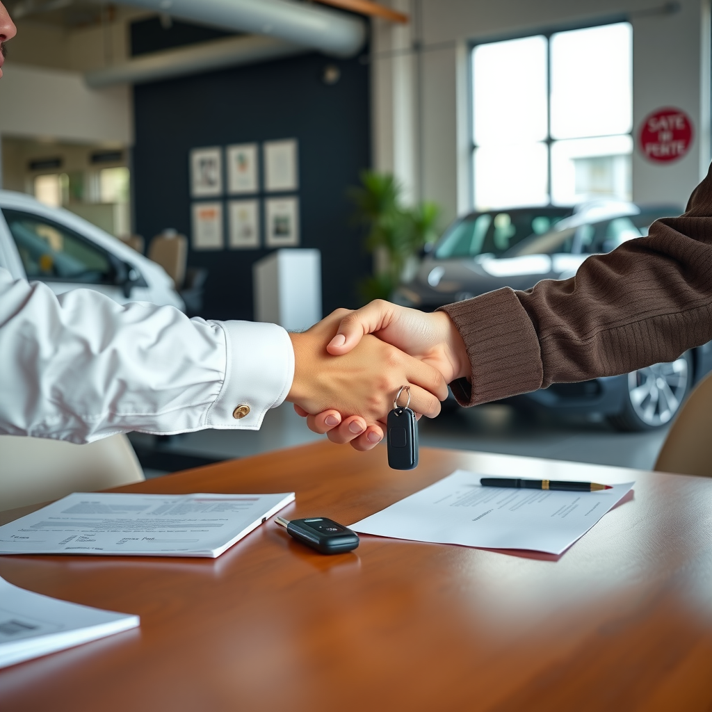 Apretón de manos profesional entre comprador y vendedor con llaves del auto y documentos firmados sobre la mesa en oficina de concesionario argentino