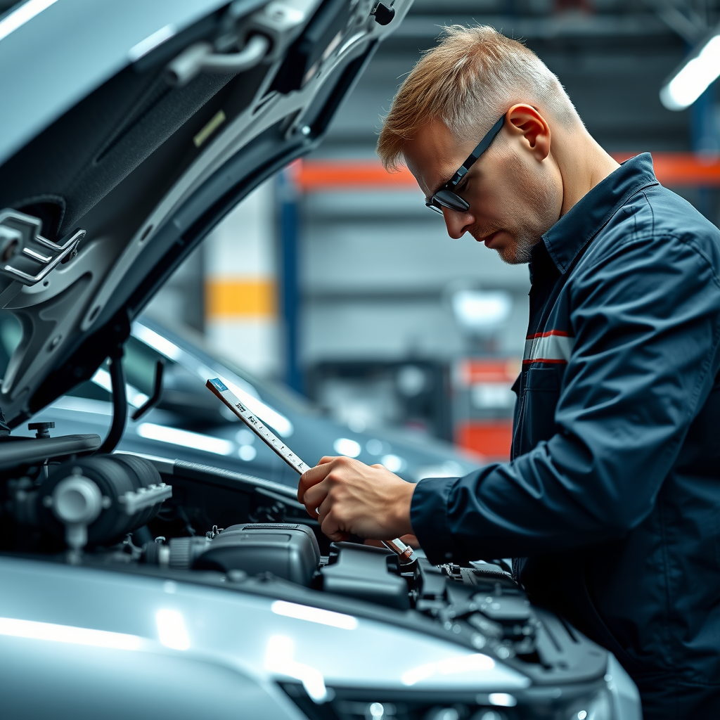 Mecánico inspeccionando números de motor y chasis de auto usado en taller profesional, inspección detallada de vehículo, ambiente de servicio automotriz