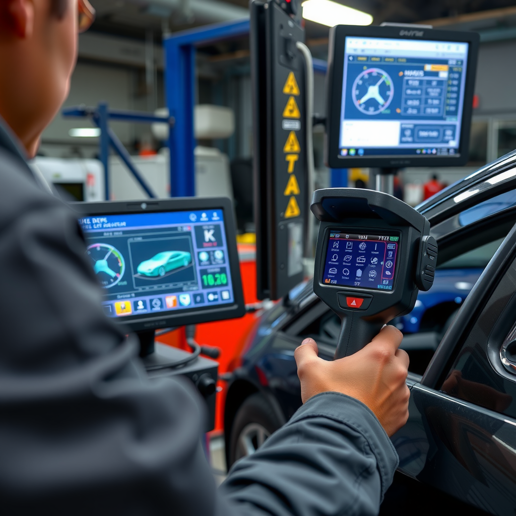 Equipos de diagnóstico automotriz de última generación en uso, scanner profesional conectado a vehículo, pantallas mostrando datos técnicos, ambiente de taller moderno