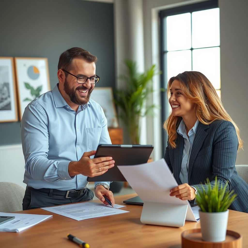 Consultor de EscribeYst explicando informe de inspección a cliente satisfecho, ambiente profesional de oficina, documentos y tablet sobre mesa, interacción amigable